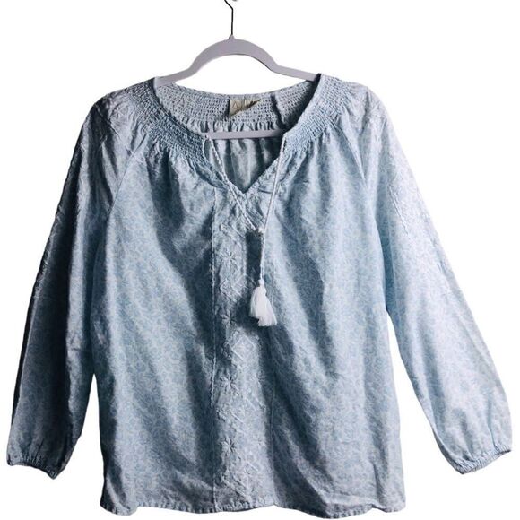 JOIE Linen Blend Floral Peasant Embroidered Tassel Blouse - Picture 1 of 8